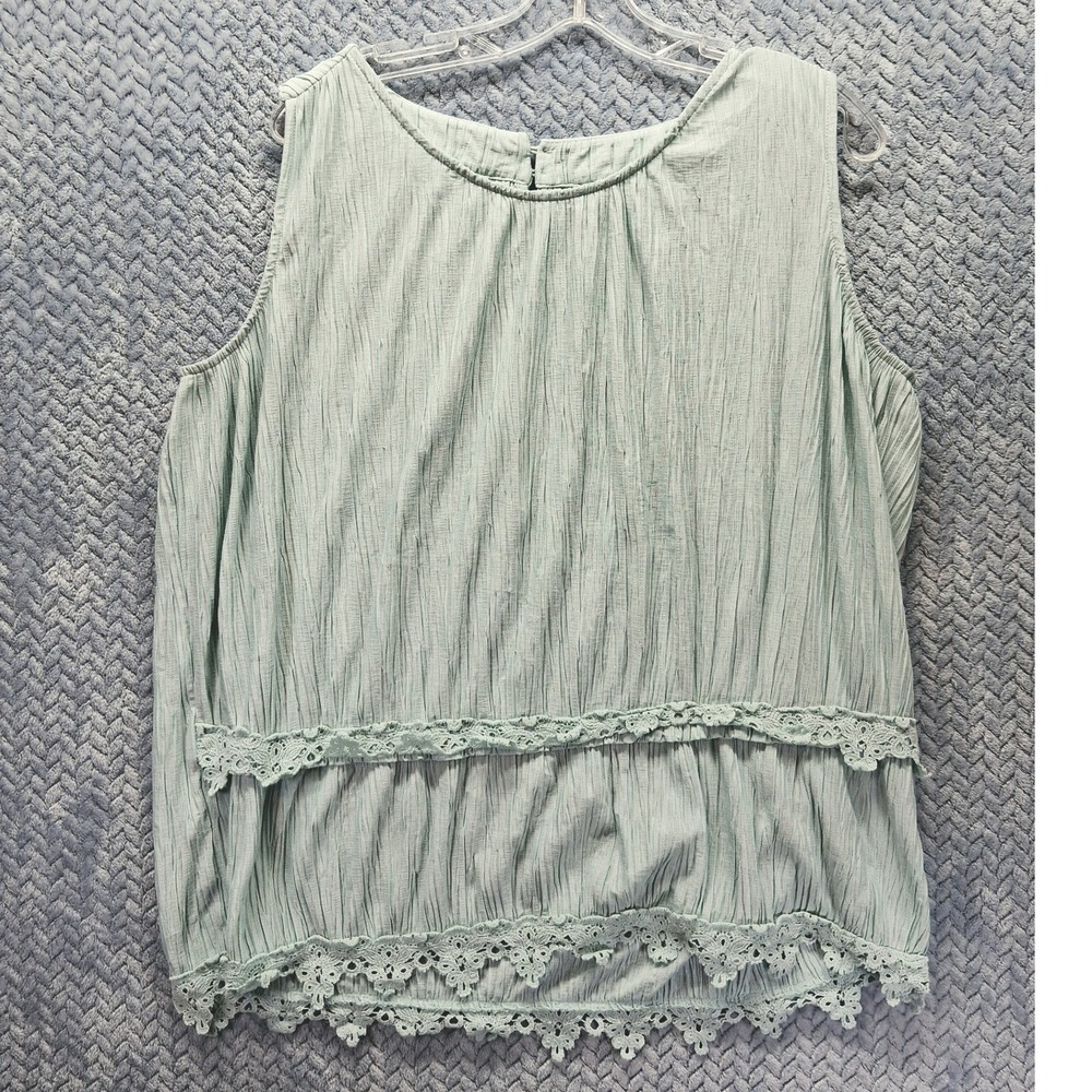 Est. 1946 Sage Green Crinkle Sleeveless Blouse Lace Trim Size L